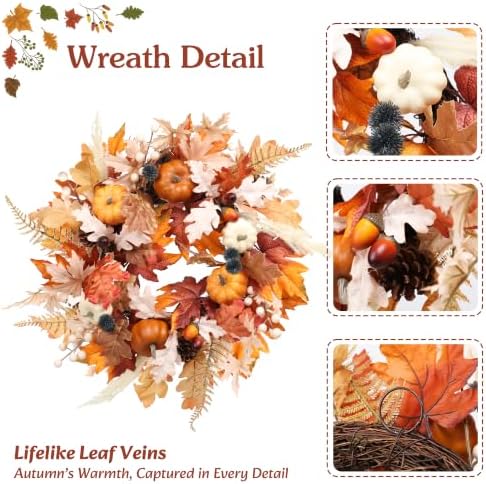 Fall Wreath for Front Door, 22 Inch Woodland Autumn Harvest Wreath