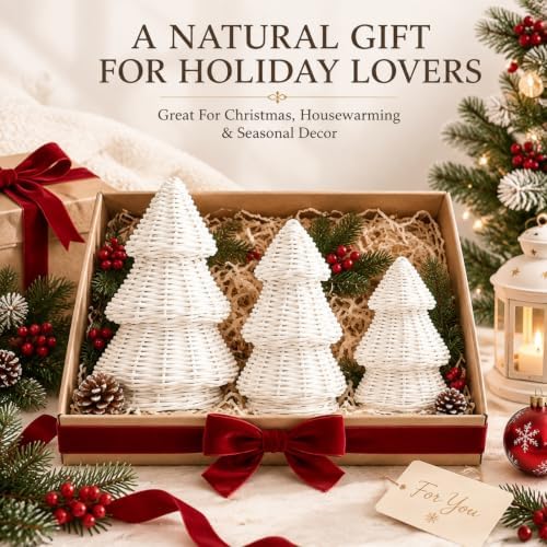 MiniInflat 3 Pcs Woven Rattan Christmas Tree Decor, Classic Weave, White