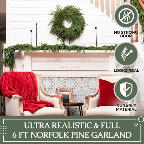 Extra Full 6 ft Real Touch Norfolk Pine Garland Realistic 6ft, Christmas Garland for Mantle, Soft and Bendable Real Touch Garland Christmas Greenery, Evergreen Christmas Garlands for Fireplace, Stairs