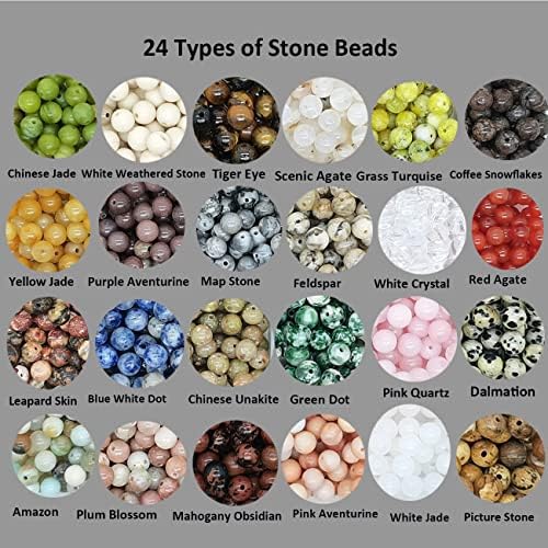 1200pcs 6mm Natural Round Stone Beads Real Gemstone Beading Loose Gemstone Hole Size 1mm DIY Smooth Beads for Bracelet Necklace Earrings Jewelry Making,Box Packed(24 Material -B,6mm)