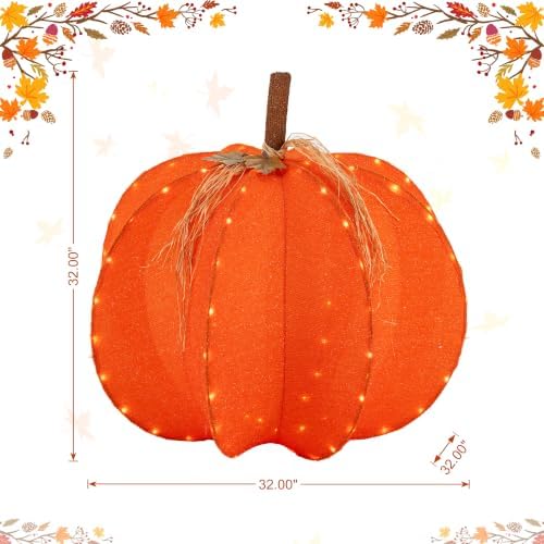 Glitzhome Fall Lighted Outdoor Decor, 32" D 3D Pumpkin Display with 100 Golden LED Lights Timer, Foldable Harvest Yard Decoration for Porch Garden