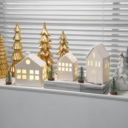 Ceramic Christmas Village Houses, White Christmas Houses with Xmas Trees
