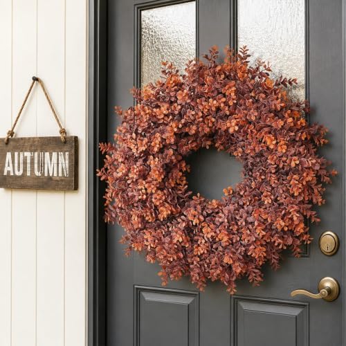 24" Artificial Fall Boxwood Wreath for Front Door Decoration (Deep Orange)