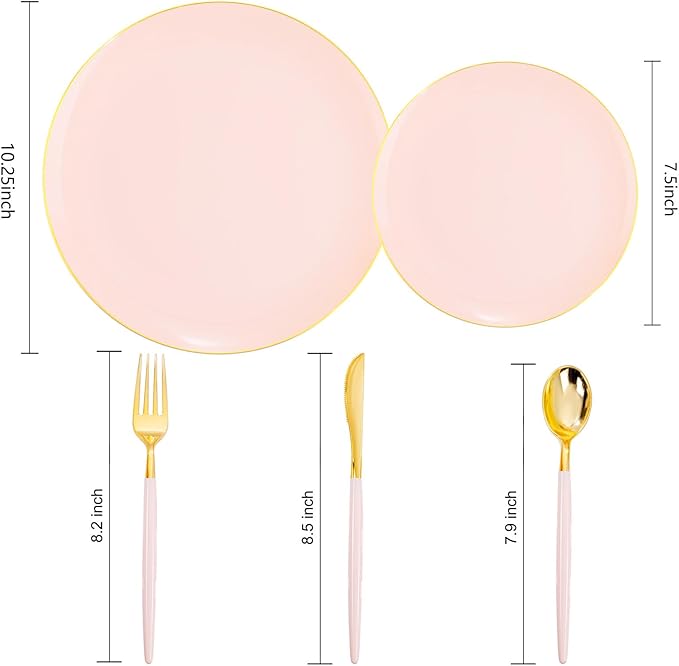 Liacere 150PCS Plastic Plates-Gold Plastic Silverware with Pink Handle - Pink Disposable Plates Include 30 Guests Plates, Forks, Spoons, Knives for Wedding ＆ Easter Day ＆Mother's Day