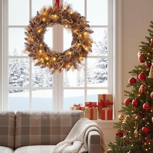 Goplus 24 Inch Pre-Lit Christmas Wreath, Battery Operated Lighted Artificial Winter Xmas Wreaths for Front Door with 105 Branch Tips, 35 Warm White LED Lights, Pine Cones, Windows Wall Mantel Decor