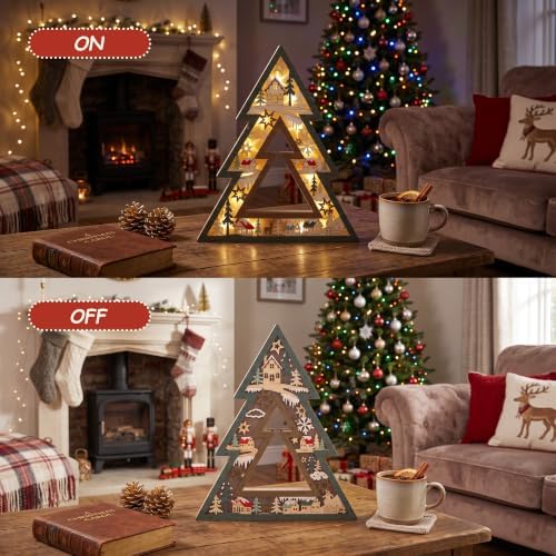Wooden Christmas Tree Lighted Tabletop Decor, Xmas Winter Village Ornament