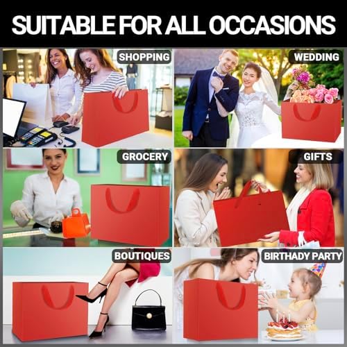 EUSOAR Extra Large Gift Bags, 25pcs 16"x6"x12" Red Thank You Gift Wrap Bags with Handles Bulk, Merchandise Retail Shopping Wrap Paper Business Birthday Party Favor Wedding Shower Bridal Treat Bags