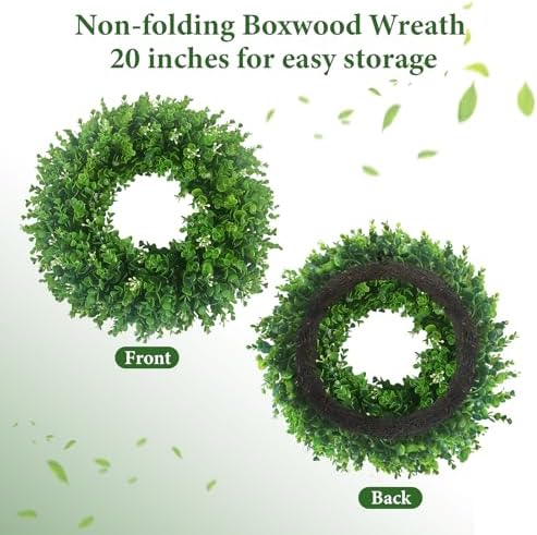 20'' Boxwood Wreaths for Front Door, Green Wreath with a Sash