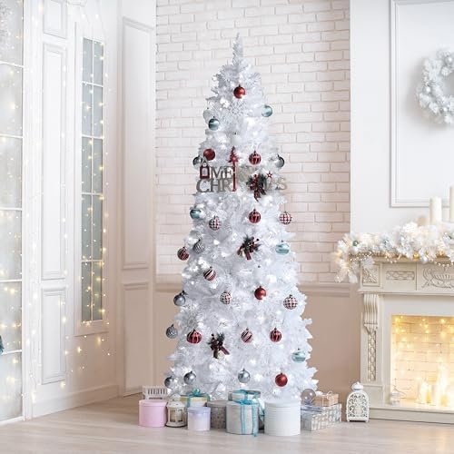 Yardenaler 7.5FT Artificial Christmas Tree with 350 LED Lights, 900 Branches Pre-Lit Pencil Christmas Tree, Slim Xmas Tree with Base for Indoor, Cool White Lights Festival Decoration for Party, White