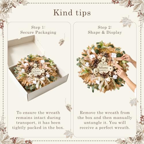 24'' Fall Wreaths for Front Door with Lights and Timer, Farmhouse