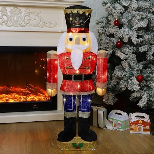 Hausse Lighted Christmas Outdoor Decor, 37.5" Height Pre-Lit 3D Tinsel Xmas Nutcracker Soldier Figure, Light Up Xmas Yard Displays, Plug in for Holiday Party New Year Winter Patio Lawn Garden
