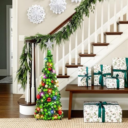 N&T NIETING Pop Up Christmas Tree with Lights, Collapsible Tinsel Xmas Tree Decorations, Pencil Christmas Tree Skinny Tree for Holiday Xmas Home Office Decor, 25 Balls, 3Ft, Green