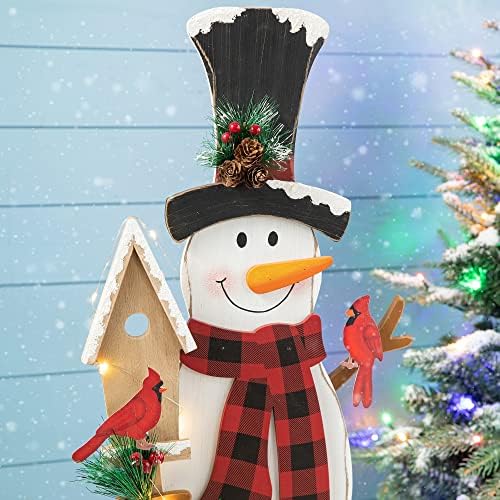 Glitzhome 36" H Lighted Wooden Christmas Snowman Porch Sign Standing Snowman with Birdhouse Porch Decor Rustic Merry Christmas Welcome Sign Holiday Party Outdoor Indoor Xmas Decorations