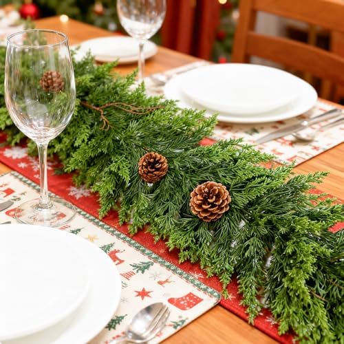 9 Ft Christmas Cedar Garland - Cypress Garlands,Artificial Real Touch Pine Garlands - Garland Xmas Decorations for Table, Mantle, Wall, Indoor, Outdoor Christmas Decorations