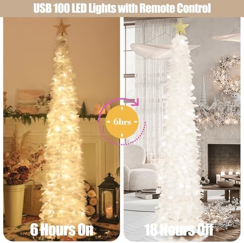 HMASYO 6 FT Pop Up Christmas Tree with 100 LED Timer Lights & Remote, White Christmas Tinsel Tree, Collapsible Artificial Pencil Tree for Home Office Party Decor, USB Powered, Easy Assembly
