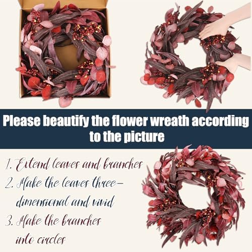 22" Burgundy Fall Wreath for Front Door Artificial Eucalyptus Wreaths