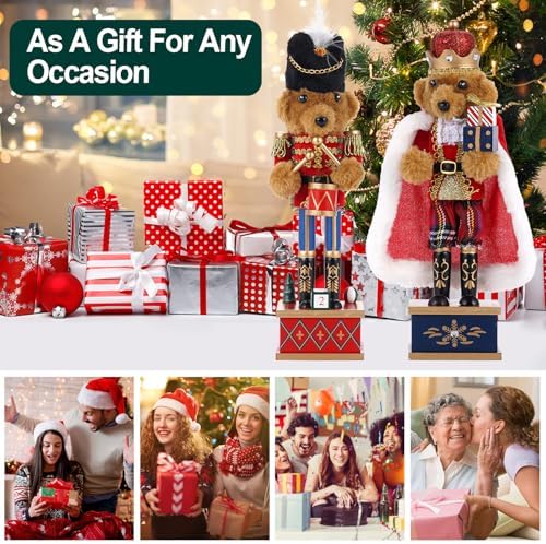2 Pcs Wooden Christmas Decorations Nutcracker, 28CM/11 inch Traditional Nutcracker Figures,Festive Collectible Christmas Nutcracker Figures Party Tabletop Thanksgiving Decor (Bear Drummer & Bear King)
