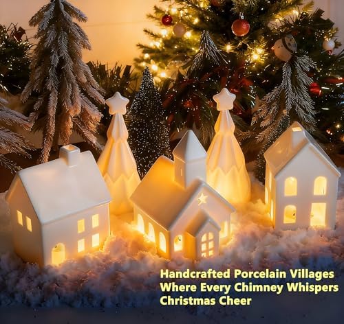 Christmas Village Sets, 5-Piece Ceramic Houses and Pine Trees, Xmas Decor