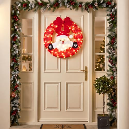 VINGLI 24 Inch Lighted Christmas Wreath with Swinging Figure Santa, Plug-in