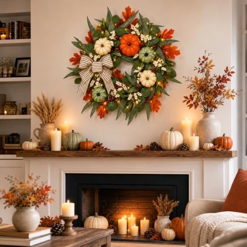 24" Lighted Fall Wreath with Pumpkins Thanksgiving Front Door Autumn Decor