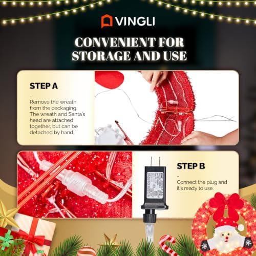 VINGLI 24 Inch Lighted Christmas Wreath with Swinging Figure Santa, Plug-in