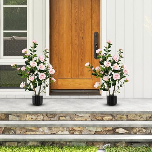 Goplus 38’’ Artificial Camellia Tree, Flower Plants Artificial Tree
