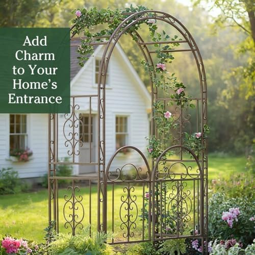Plow & Hearth Arch Metal Outdoor Garden Arbor Double Gate | Montebello | 7 Feet Tall | Gunmetal Black | Steel Iron Trellis Lattice Climbing Plants & Heavy Vines