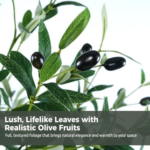 Olive Trees Artificial Indoor 6FT, Faux Olive Tree with Woven Basket & Natural-Looking Wood Trunk, Realistic Leaves & Fruits, Maintenance-Free Tall Fake Olive Tree for Modern Home Office Decor
