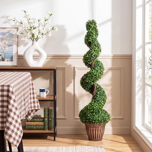 GOPLUS 4 Ft Artificial Boxwood Spiral Topiary Tree, Fake Greenery Plants, Leaves & Cement-Filled Plastic Flower Pot Decorative Trees for Porch Home Office Indoor Outdoor