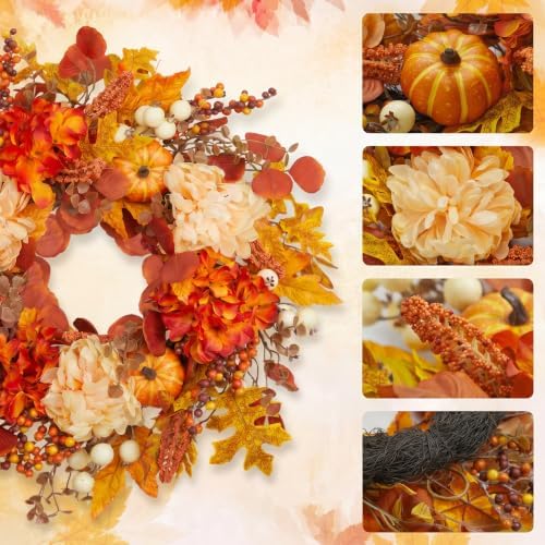 24 Inch Fall Wreath for Front Door, Artificial Autumn Leaves with Pumpkins