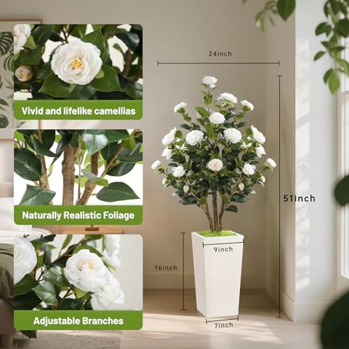 Romantic season 4FT Artificial Camellia Tree with White Tall Planter, Faux Camellia Plant Flower Tree for Modern Home Office Living Room Floor Décor Outdoor Indoor,White