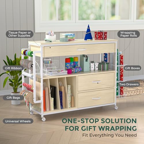 Wrapping Paper Storage & Organizer, Craft Cart with Ribbon & Gift Bag Storage, Wrapping Paper Organizer Holder(3 Wooden Drawers- Oak)