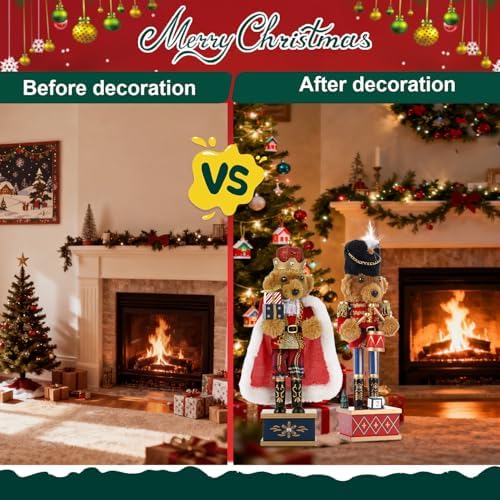 2 Pcs Wooden Christmas Decorations Nutcracker, 28CM/11 inch Traditional Nutcracker Figures,Festive Collectible Christmas Nutcracker Figures Party Tabletop Thanksgiving Decor (Bear Drummer & Bear King)