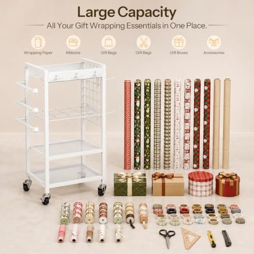 HOOBRO Wrapping Paper Storage Cart, Rolling Craft Storage Cart with Wheels
