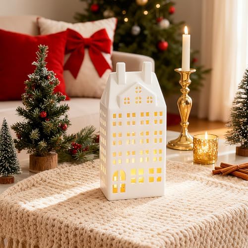 DN DECONATION Light Up Christmas Decor Village Set, White House with Lights