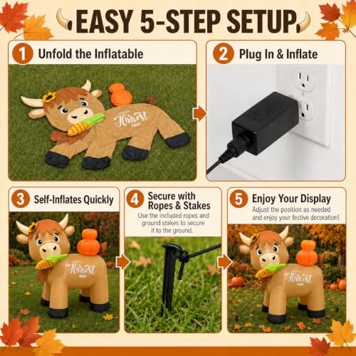 5FT Thanksgiving Inflatable Highland Cow Outdoor Decoration, Harvest Cow Blow Up Yard Decor with Pumpkin, Corn Cob, LED Lights for Fall Lawn Garden Party