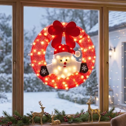 VINGLI 24 Inch Lighted Christmas Wreath with Swinging Figure Santa, Plug-in
