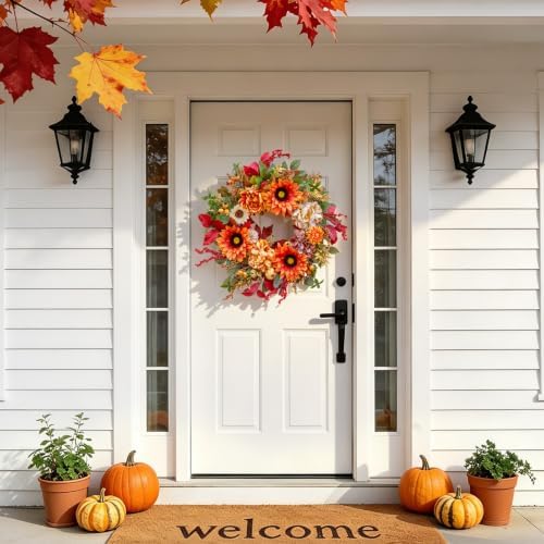 24 Inch Harvest Fall Wreaths for Front Door with Sunflower,Peony,Hydrangeas