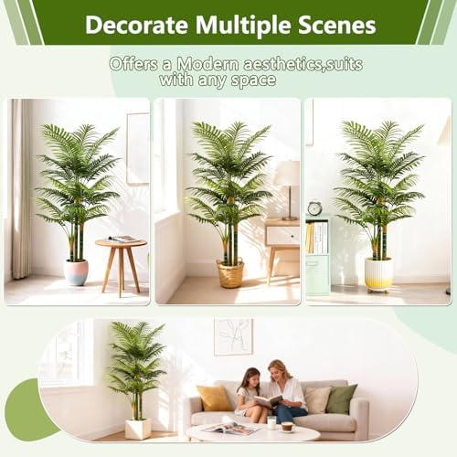 4FT Tall Golden Cane Artificial Palm Tree, Large Faux Palm Tree with 3 Textured Trunks, Outdoor Artificial Plants, Fake Tree for Indoor Office Living Room Outside Patio.