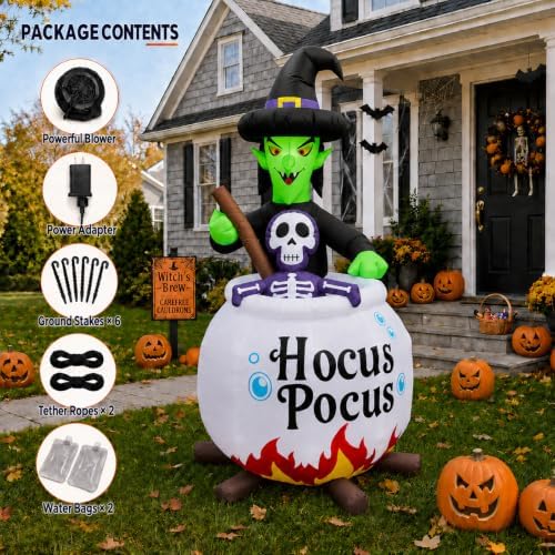 6 FT Halloween Inflatable Witch and Cauldron with RGB Lighted Halloween Blow Ups Outdoor Decorations for Yard, Lawn, Garden, Porch and Party