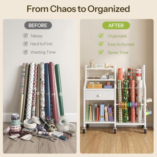 HOOBRO Wrapping Paper Storage Cart, Rolling Gift Wrap Station with Drawer