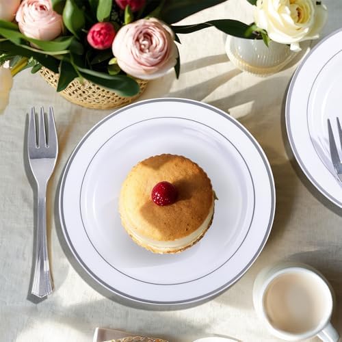 WELLIFE 240PCS Silver Plastic Dessert Plates - Includes 120PCS Silver Forks, 120PCS 6.3 Inch Salad & Appetizer Plates - Perfect for Wedding & Party