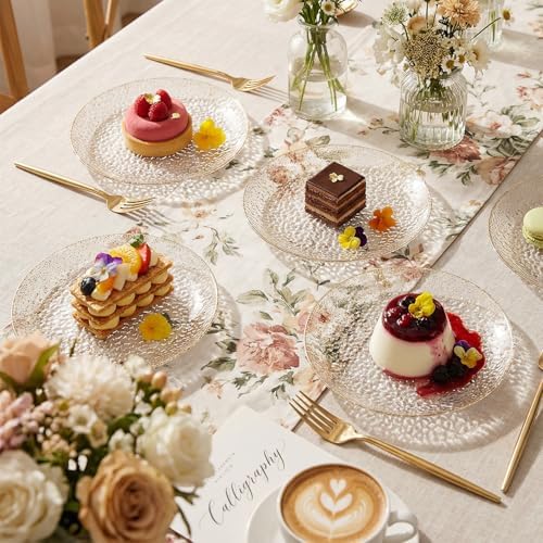 Rubtlamp 200pcs Gold Glitter Plastic Dessert Plates, Hammered 6 Inch Small Plates, Heavy Duty Appetizer Plate with 100 Gold Small Forks, Fancy Cake Snack Plate for Birthday Wedding Teatime