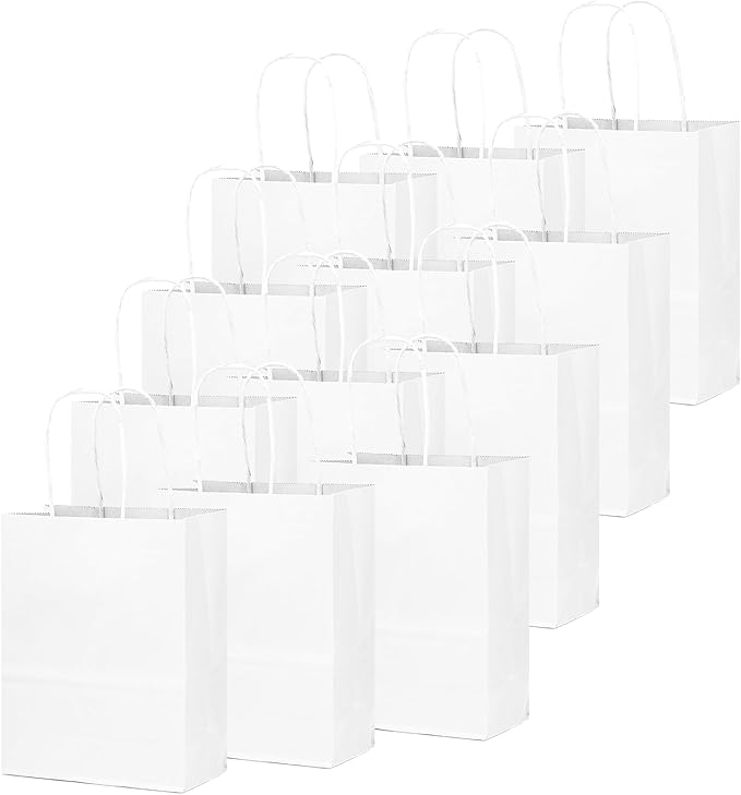 qiqee 50-Packs White Paper Gift Bags with Handles Bulk 13"x10.3"x4.6" Large Size Party Favor Bags Multiple Uses