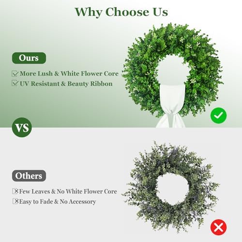 24'' Boxwood Wreaths Front Door, Foldable Green Wreath with a Sash