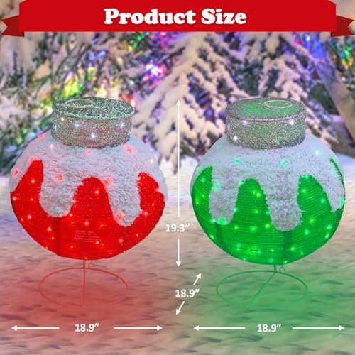 Outdoor Christmas Balls Lighted, 2pcs Pop-Up Christmas Ornaments Outdoor Decorations Prelit 160 Lights with 8 Flashing Effects, Collapsible Light Up Hanging Lantern Ball for Home Yard Decor-Red/Green
