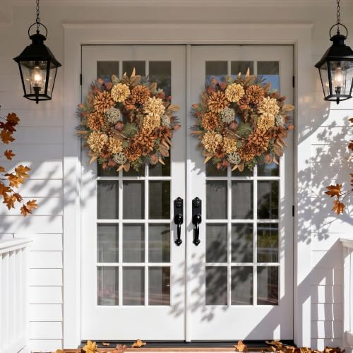 24" Fall Wreaths for Front Door with Mums Dahlias Queen Anne's Lace
