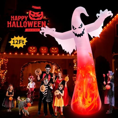 12FT Giant Halloween Inflatables Ghost with 3-Colored Flame Rotation Light