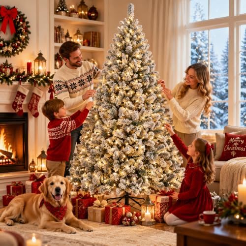 Garvee 6 FT Christmas Tree, Prelit Artificial Christmas Tree with 250 Warm White Lights, Realistic Flocked Material, Metal Hinges, Foldable Stand, on/Off Foot Pedal, Holiday Decoration, Green & White