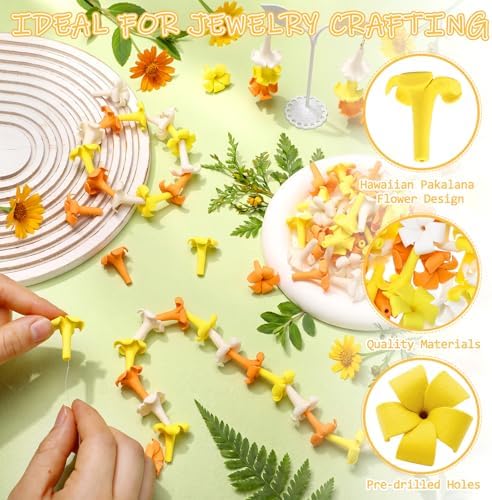 Jutom 100 Pcs Puakenikeni Clay Flowers Beads 20mm Handmade Pikake Clay Bead with Pre-drilled Holes Hawaiian Pikake Flower Beads for Earrings Necklaces Jewelry Making (Orange White Yellow)